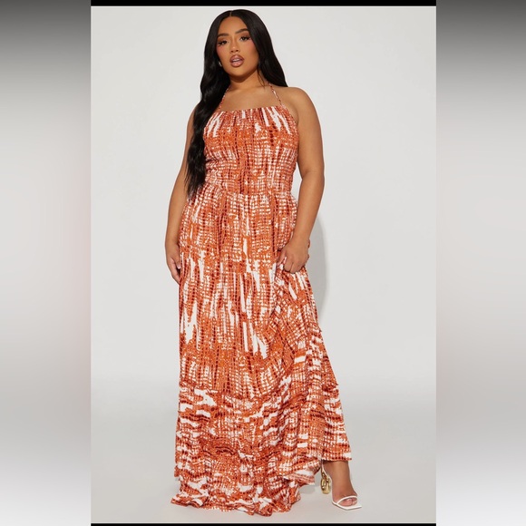 Fashion Nova Dresses & Skirts - 🧡NOVA CURVES CHALLIS MAXI WITH SMOCKED HALTER TOP & OPEN BACK WITH TASSLE TIES